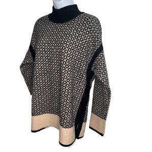 NEW J Jill Geometric Mock-Neck Knit Pullover Sweater Split Black Cream Women S